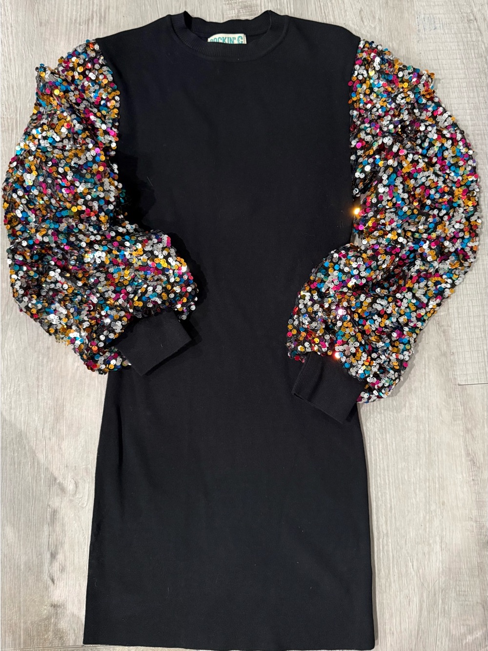 Black Knit Mini Dress with Multicolor Sequin Puff Long Sleeves